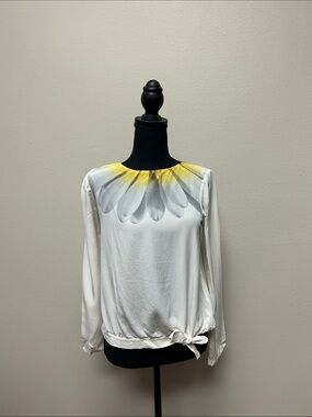 Moschino Cream Blouse with Gray Petal Print and Yellow Neck Accent
